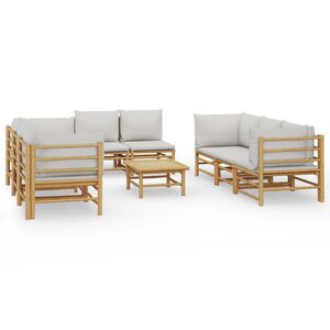 vidaXL 9 pcs conj. lounge de jardim bambu c/ almofad&otilde;es cinzento-claro