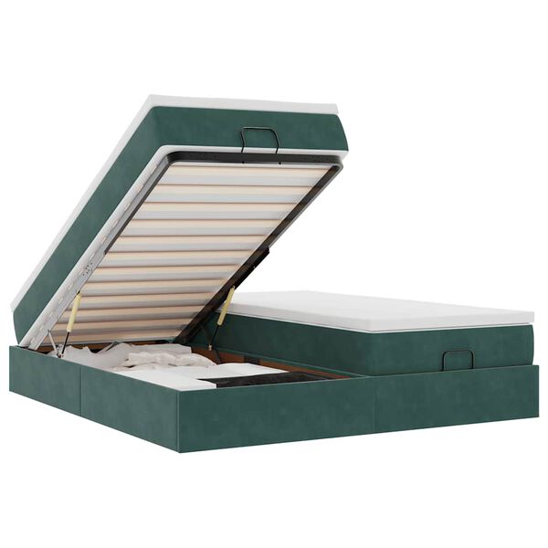 vidaXL Estrutura de cama otomana com colch&atilde;o verde escuro Veludo