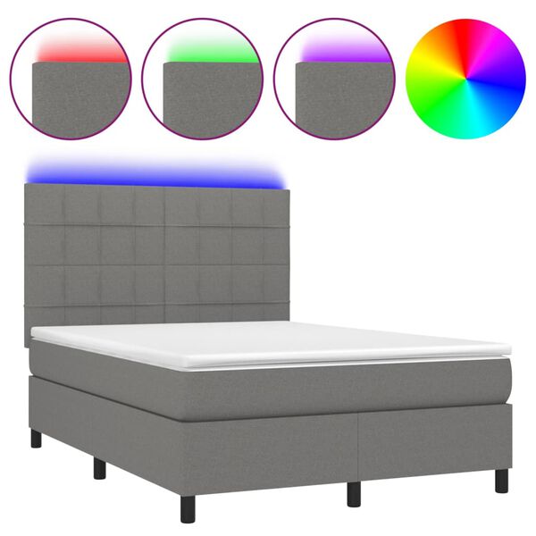 vidaXL Cama box spring c/ colch&atilde;o e LED 140x190 cm tecido cinza-escuro