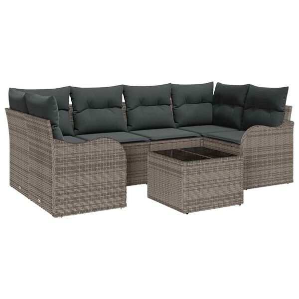 vidaXL Conjunto de Sof&aacute; de Jardim 7 pcs Cinzeto Rattan e A&ccedil;o e Vidro