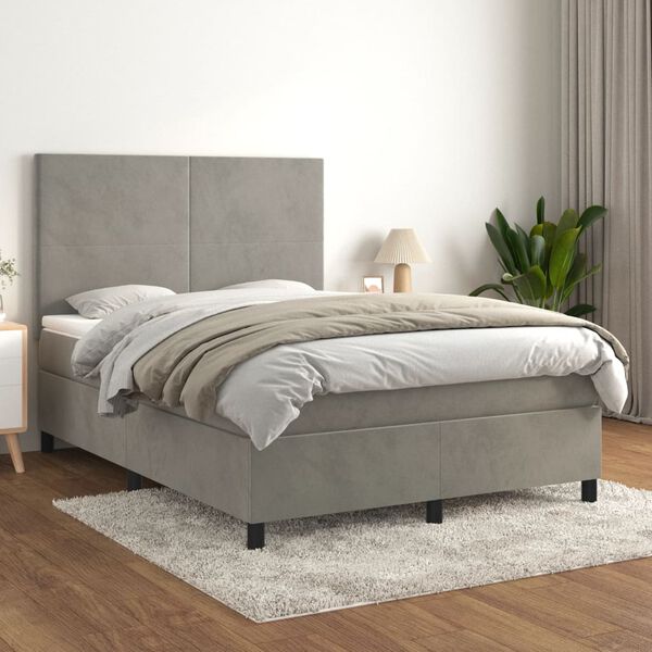 vidaXL Cama com molas/colch&atilde;o 140x190 cm veludo cinzento-claro