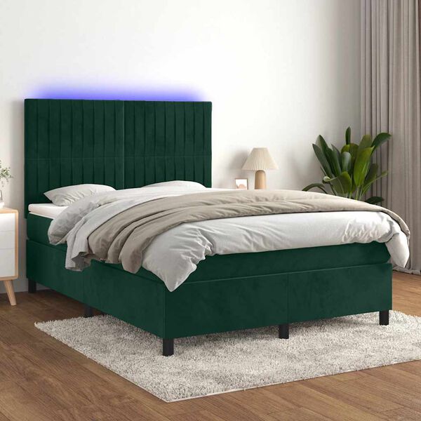 vidaXL Cama box spring c/ colch&atilde;o/LED 140x190 cm veludo verde-escuro