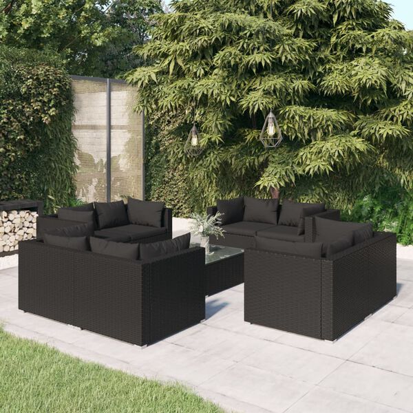 vidaXL 9 pcs conjunto lounge de jardim c/ almofadões vime PE preto
