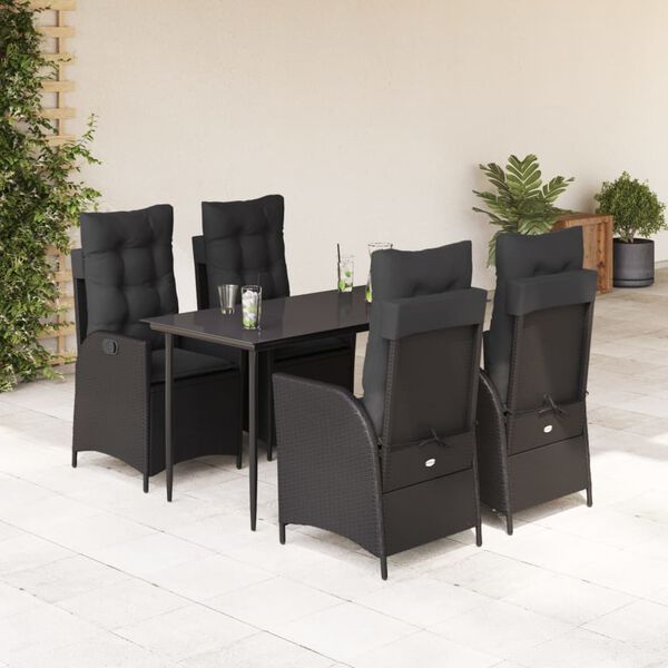 vidaXL 5 pcs conjunto de jantar p/ jardim c/ almofad&otilde;es vime PE preto