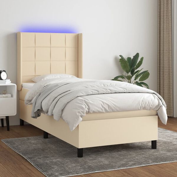 vidaXL Cama box spring c/ colch&atilde;o e LED 100x200 cm tecido cor creme