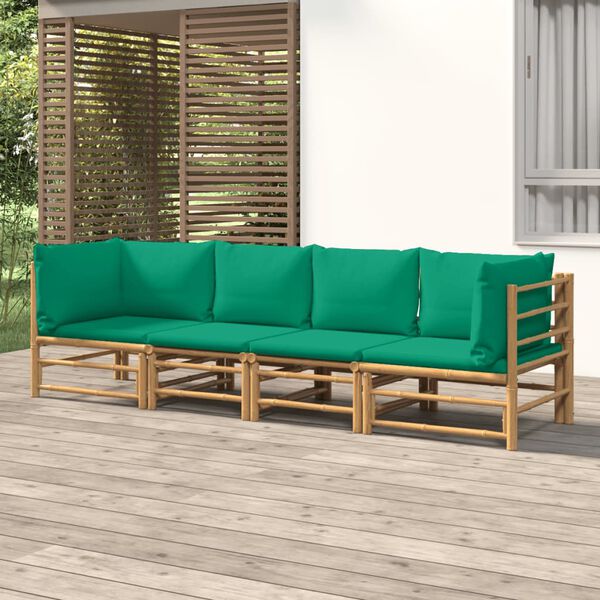 vidaXL 4 pcs conjunto lounge de jardim bambu c/ almofadões verdes