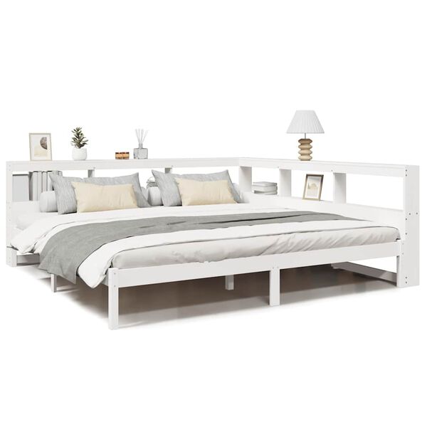 vidaXL Cama com estante sem colch&atilde;o 180x200 cm pinho maci&ccedil;o branco