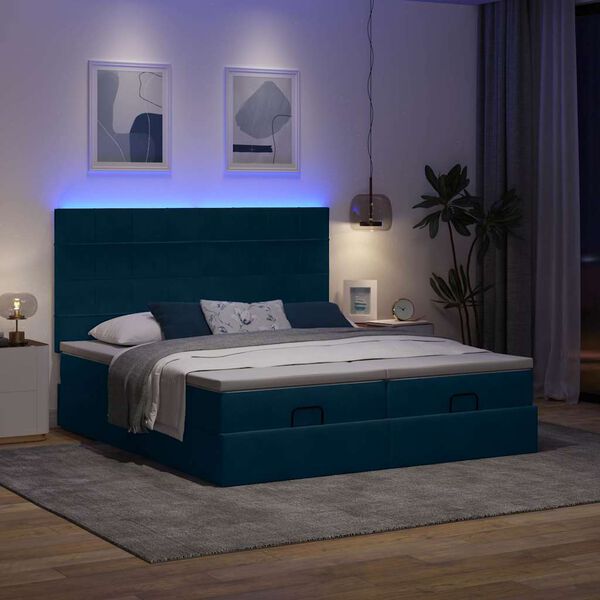 vidaXL Estrutura de cama otomana com colch&atilde;o azul escuro veludo