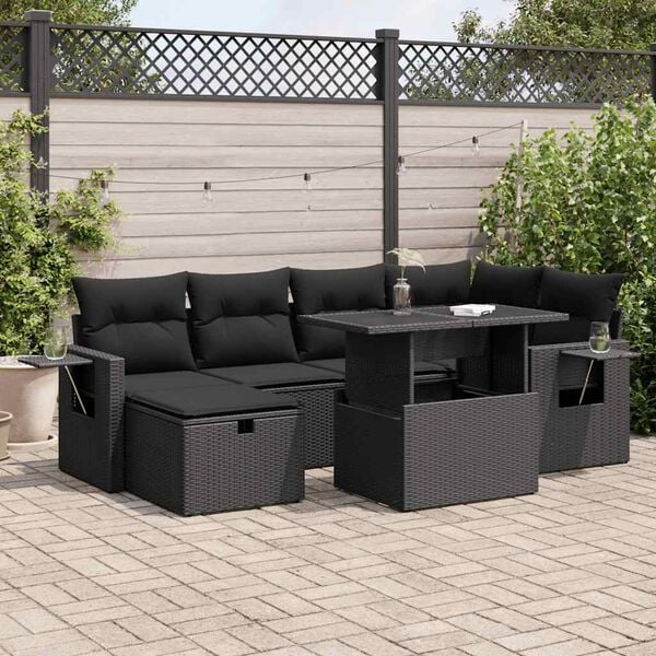 vidaXL 7 pcs conjunto de sof&aacute;s p/ jardim c/ almofad&otilde;es vime PE preto