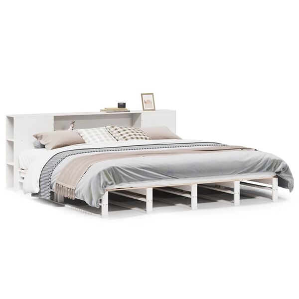 vidaXL Cama com estante sem colchão 180x200 cm madeira maciça branco