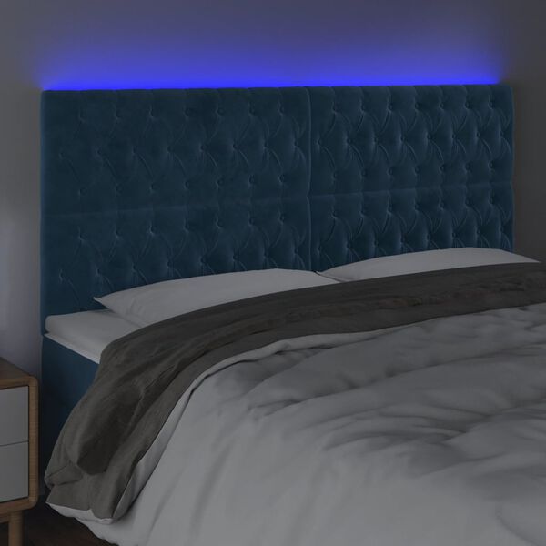 vidaXL Cabeceira cama c/ luzes LED veludo 200x7x118/128cm azul-escuro