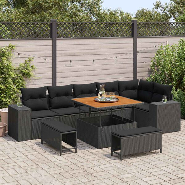 vidaXL Conjunto de Sof&aacute; de Jardim com almofada 9 pcs Preto vime PE