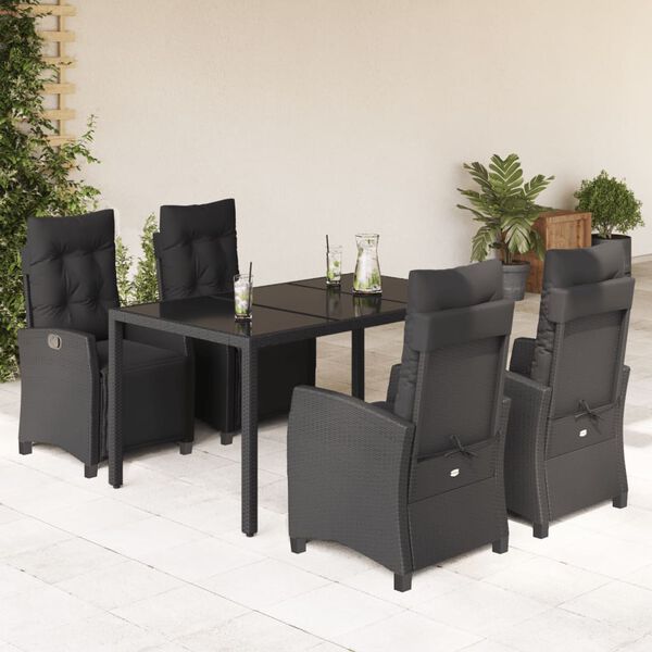 vidaXL 5 pcs conjunto de jantar p/ jardim c/ almofad&otilde;es vime PE preto