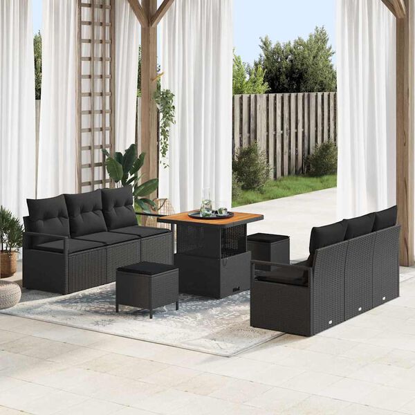 vidaXL Conjunto de Sof&aacute; de Jardim com almofada 9 pcs Preto vime PE