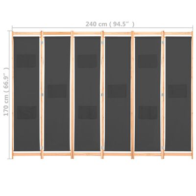 vidaXL Divisória de quarto com 6 painéis 240x170x4 cm tecido cinzento