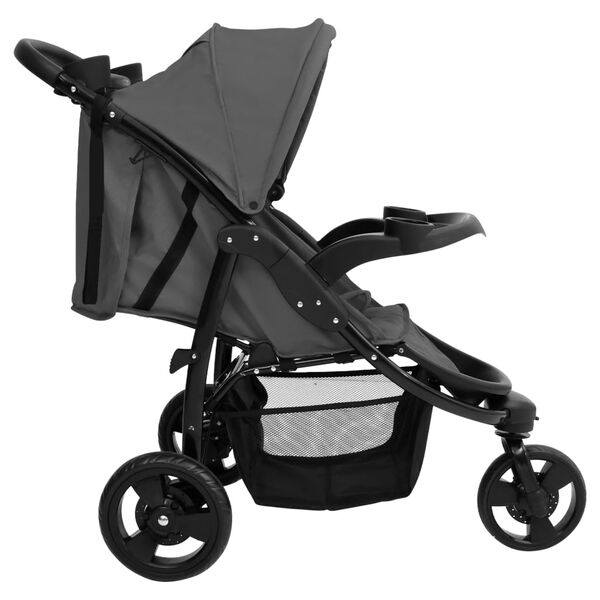vidaXL Carrinho de beb&eacute; com tr&ecirc;s rodas a&ccedil;o cinzento-escuro e preto