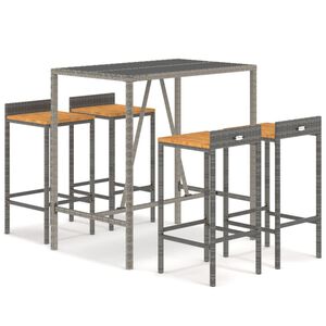 vidaXL 5 pcs conjunto de bar p/ jardim vime PE/ac&aacute;cia maci&ccedil;a cinzento
