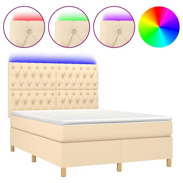 vidaXL Cama box spring c/ colch&atilde;o e LED 140x200 cm tecido cor creme