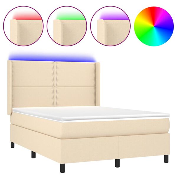 vidaXL Cama box spring c/ colch&atilde;o e LED 140x190 cm tecido cor creme