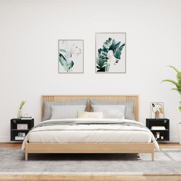 vidaXL Mesas de cabeceira de parede com luzes LED 2 pcs preto