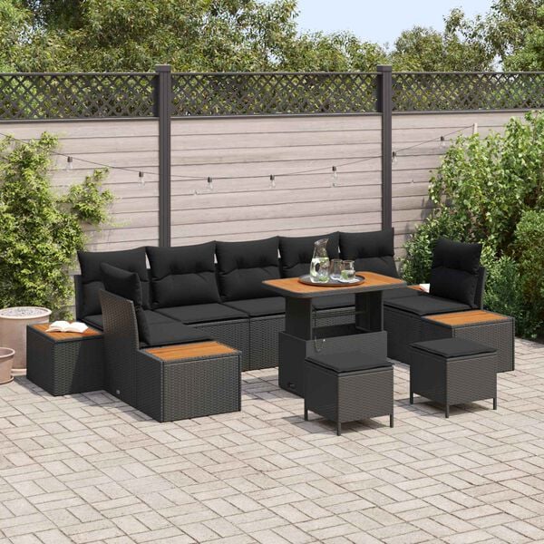 vidaXL Conjunto de Sof&aacute; de Jardim 10 pcs Preto Rattan Sint&eacute;tico