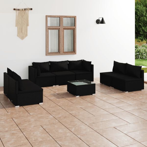vidaXL 8 pcs conjunto lounge de jardim c/ almofad&otilde;es vime PE preto