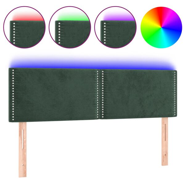 vidaXL Cabeceira de cama c/luzes LED veludo 144x5x78/88cm verde-escuro