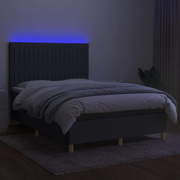 vidaXL Cama box spring c/ colch&atilde;o e LED 140x190 cm tecido cinza-escuro