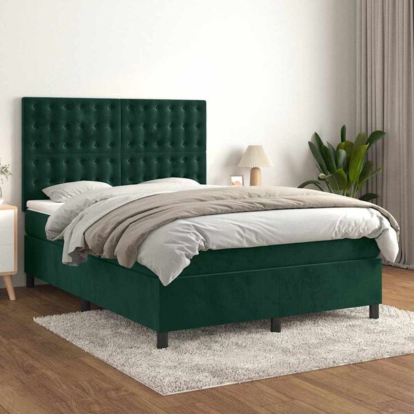 vidaXL Cama com molas/colch&atilde;o 140x190 cm veludo verde-escuro