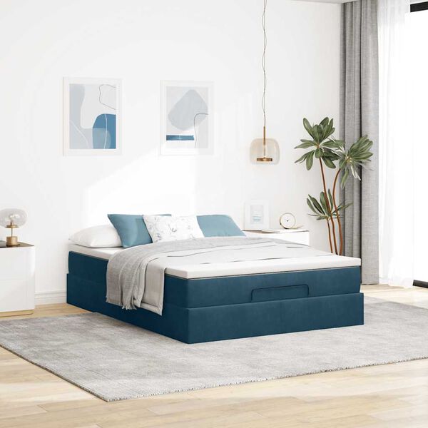 vidaXL Estrutura de cama otomana com colch&atilde;o 140x190cm azul escuro