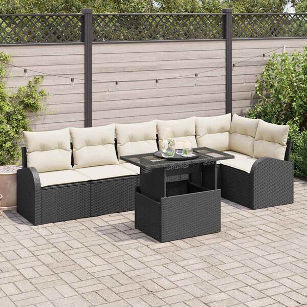 vidaXL Conjunto de Sof&aacute; de Jardim 7 pcs Preto e creme vime PE