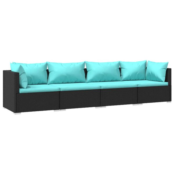 vidaXL 4 pcs conjunto lounge de jardim c/ almofad&otilde;es vime PE preto