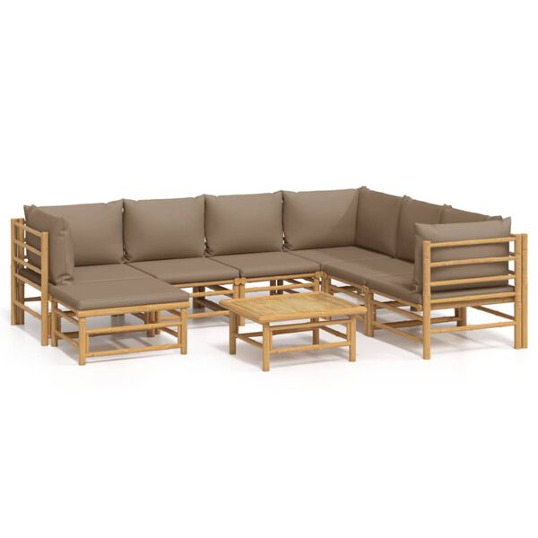 vidaXL 8 pcs conj. lounge jardim bambu almofadões cinzento-acastanhado