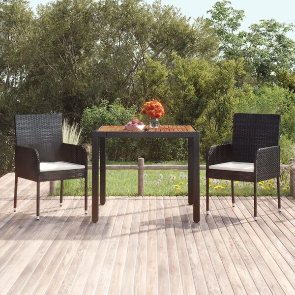 vidaXL Mesa de jardim com tampo de madeira 90x90x75 cm vime PE preto