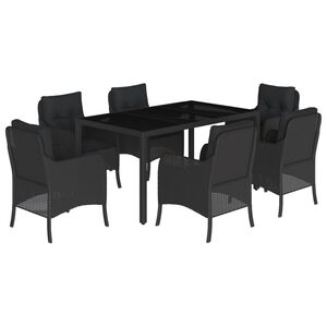 vidaXL 7 pcs conjunto de jantar p/ jardim c/ almofad&otilde;es vime PE preto