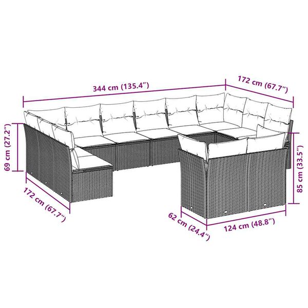 vidaXL 12 pcs conjunto de sof&aacute;s jardim com almofad&otilde;es vime PE castanho