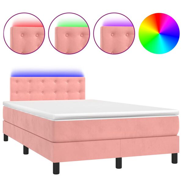 vidaXL Cama box spring c/ colch&atilde;o/LED 120x200 cm veludo rosa