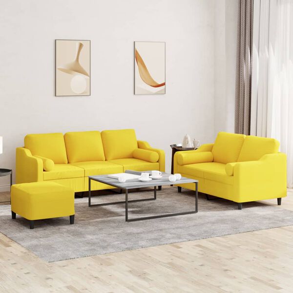 vidaXL 3 pcs conjunto de sof&aacute;s com almofadas tecido amarelo-claro