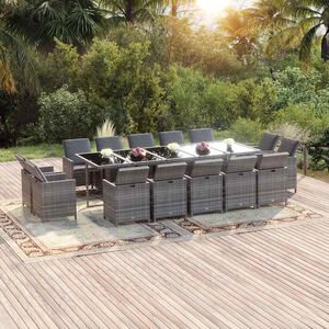 vidaXL 15 pcs conjunto jantar p/ jardim c/ almofad&otilde;es vime PE cinzento