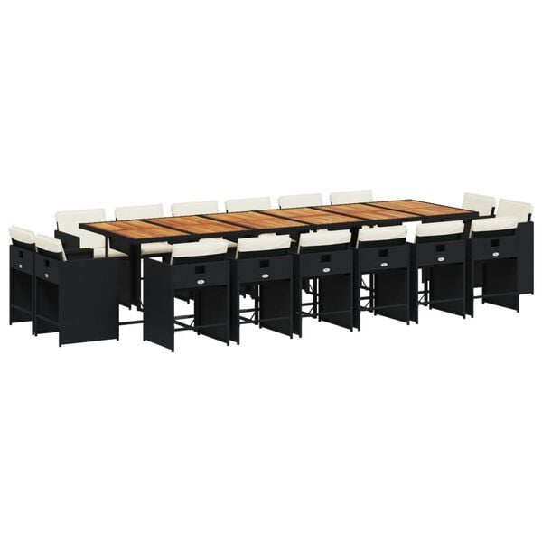 vidaXL 17 pcs conjunto de jantar p/ jardim c/ almofad&otilde;es vime PE preto