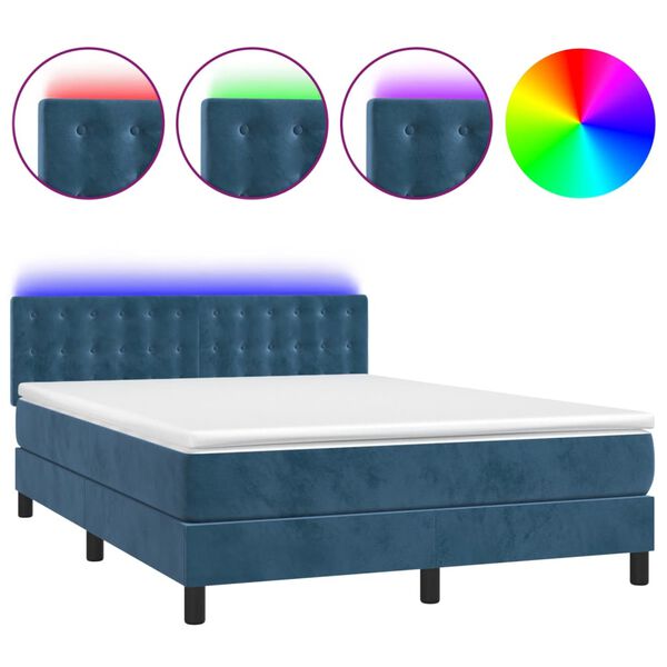 vidaXL Cama box spring c/ colch&atilde;o/LED 140x200 cm veludo azul-escuro
