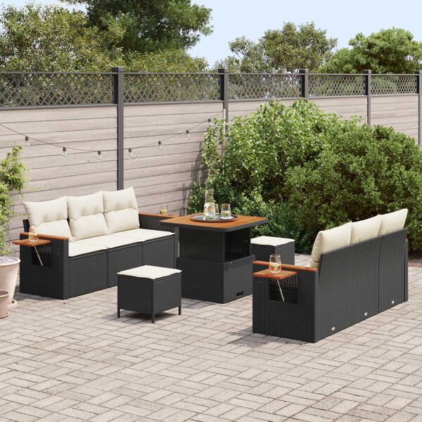 vidaXL Conjunto de Sof&aacute; de Jardim com almofada 9 pcs Preto e Creme