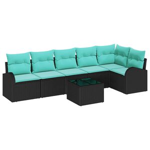 vidaXL Conjunto de Sof&aacute; de Jardim 7 unid. Preto e Turquesa vime PE