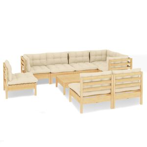 vidaXL 9 pcs conjunto lounge jardim c/ almofad&otilde;es creme pinho maci&ccedil;o