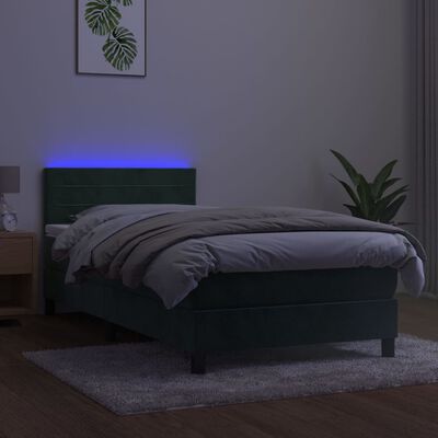 vidaXL Cama box spring c/ colchão/LED 90x200 cm veludo verde-escuro