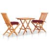 vidaXL Conjunto bistr&ocirc; c/ almofad&otilde;es vermelho tinto 3 pcs teca maci&ccedil;a