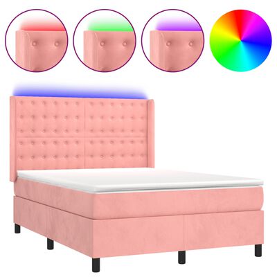 vidaXL Cama box spring c/ colchão/LED 140x190 cm veludo rosa
