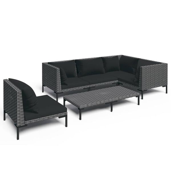 vidaXL 6 pcs conj. lounge jardim c/ almofadões vime PE cinzento-escuro