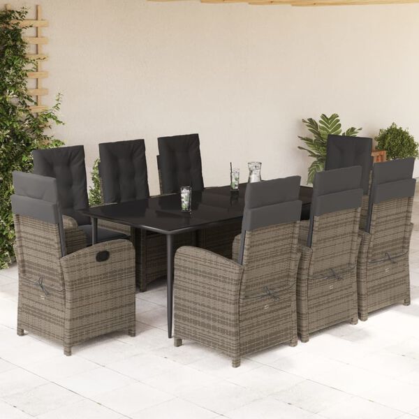 vidaXL 9 pcs conjunto de jantar p/ jardim c/ almofad&otilde;es vime PE cinza