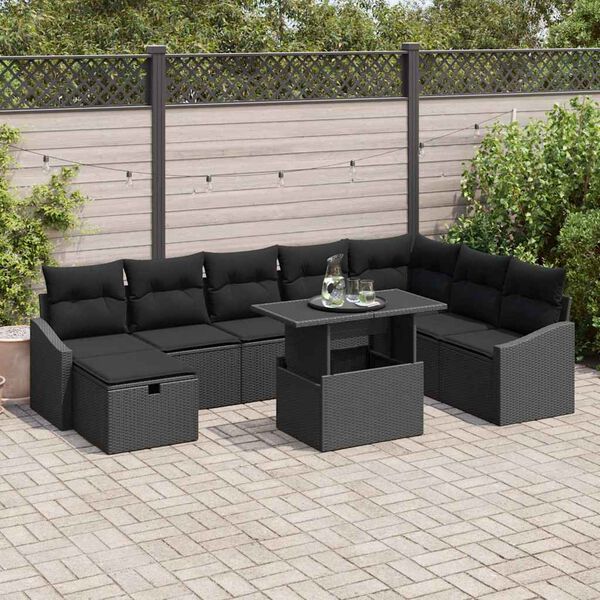 vidaXL Conjunto de Sof&aacute; de Jardim 9 pcs Preto vime PE